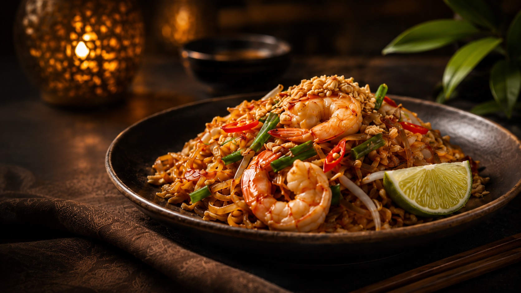 Pad Thai with shrimp, bean sprouts, fresh lime, and chili served in a dark ceramic bowl